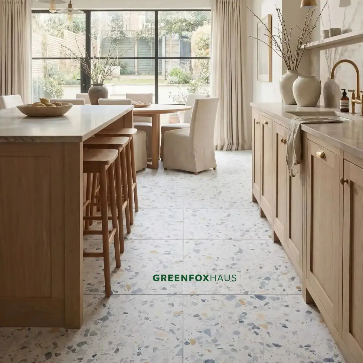 Gạch lát terrazzo màu kem hạt đa sắc lát nền không gian mở phòng khách thông bếp ấm cúng