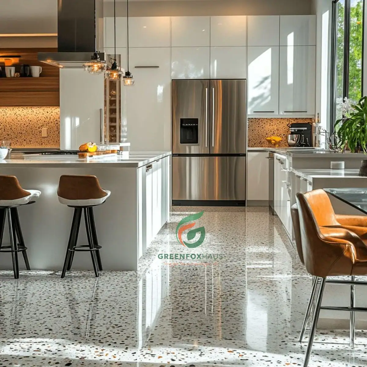 Gạch men terrazzo bề mặt bóng kính cao cấp lát sàn bếp thông phòng khách có đảo bar lớn