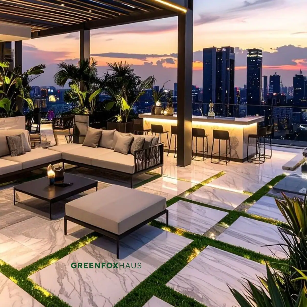 Mẫu gạch lát sân thượng chống trơn vân đá marble cao cấp cho không gian lounge ngoài trời ban đêm