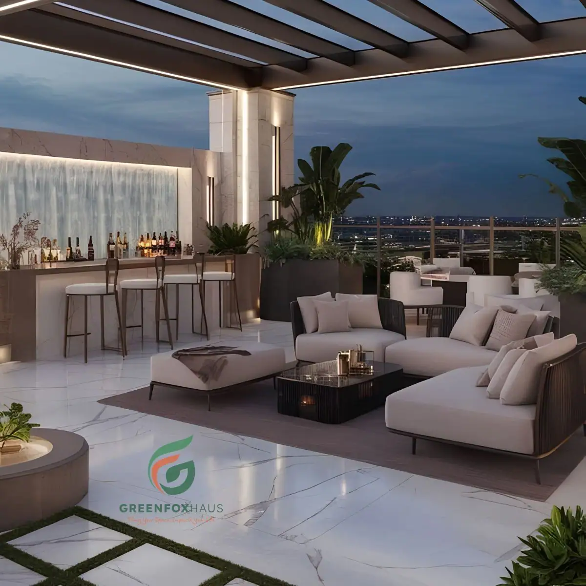 Mẫu gạch lót sân giả đá marble kết hợp tiểu cảnh quầy bar hiện đại trên tầng mái