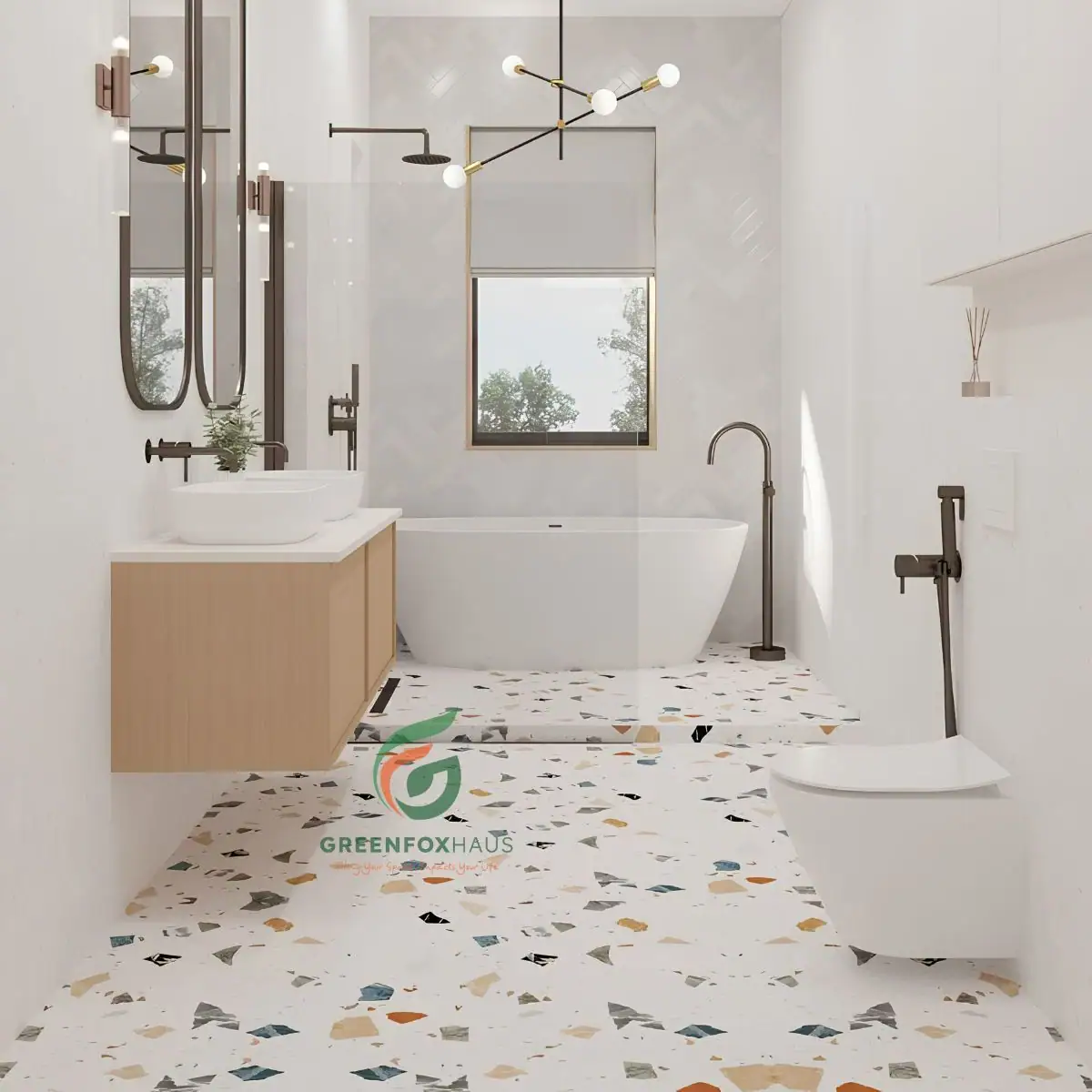 Gạch terrazzo chống trượt cho không gian nhà tắm sang trọng với thiết kế bồn tắm nằm hiện đại