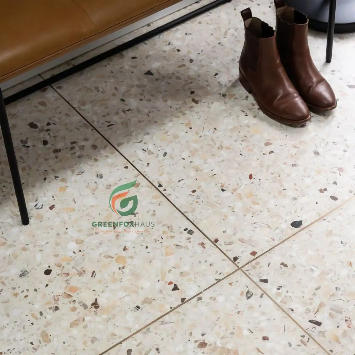 Gạch men terrazzo bề mặt nhám mờ lát nền sảnh lối đi tạo chiều sâu cho không gian