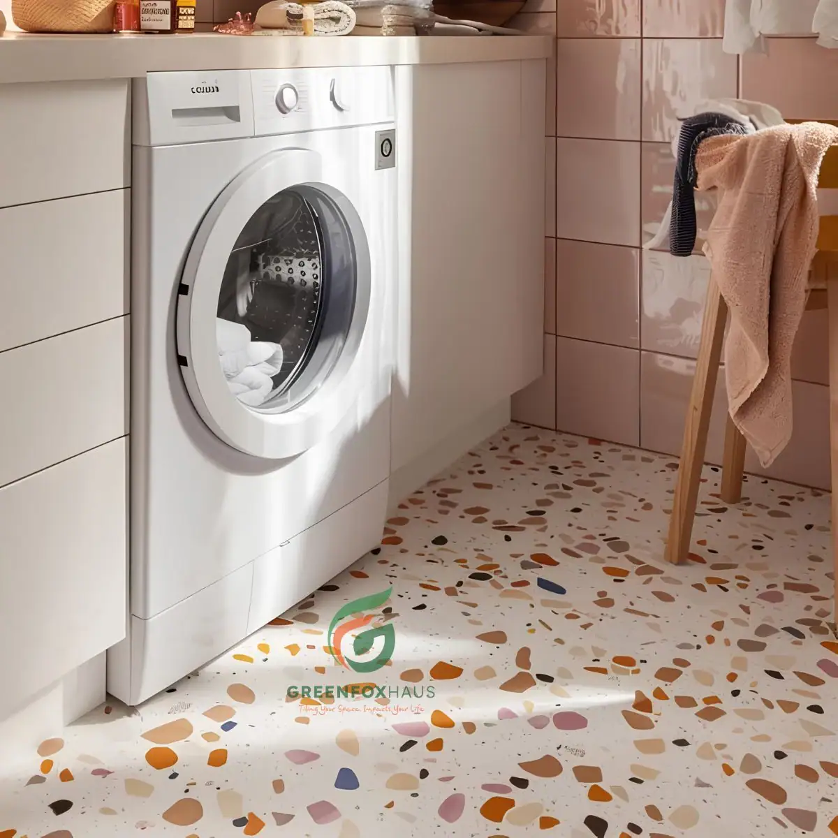 Gạch terrazzo 600x600 hạt to đa sắc lát nền phòng giặt đồ bắt ánh sáng tự nhiên