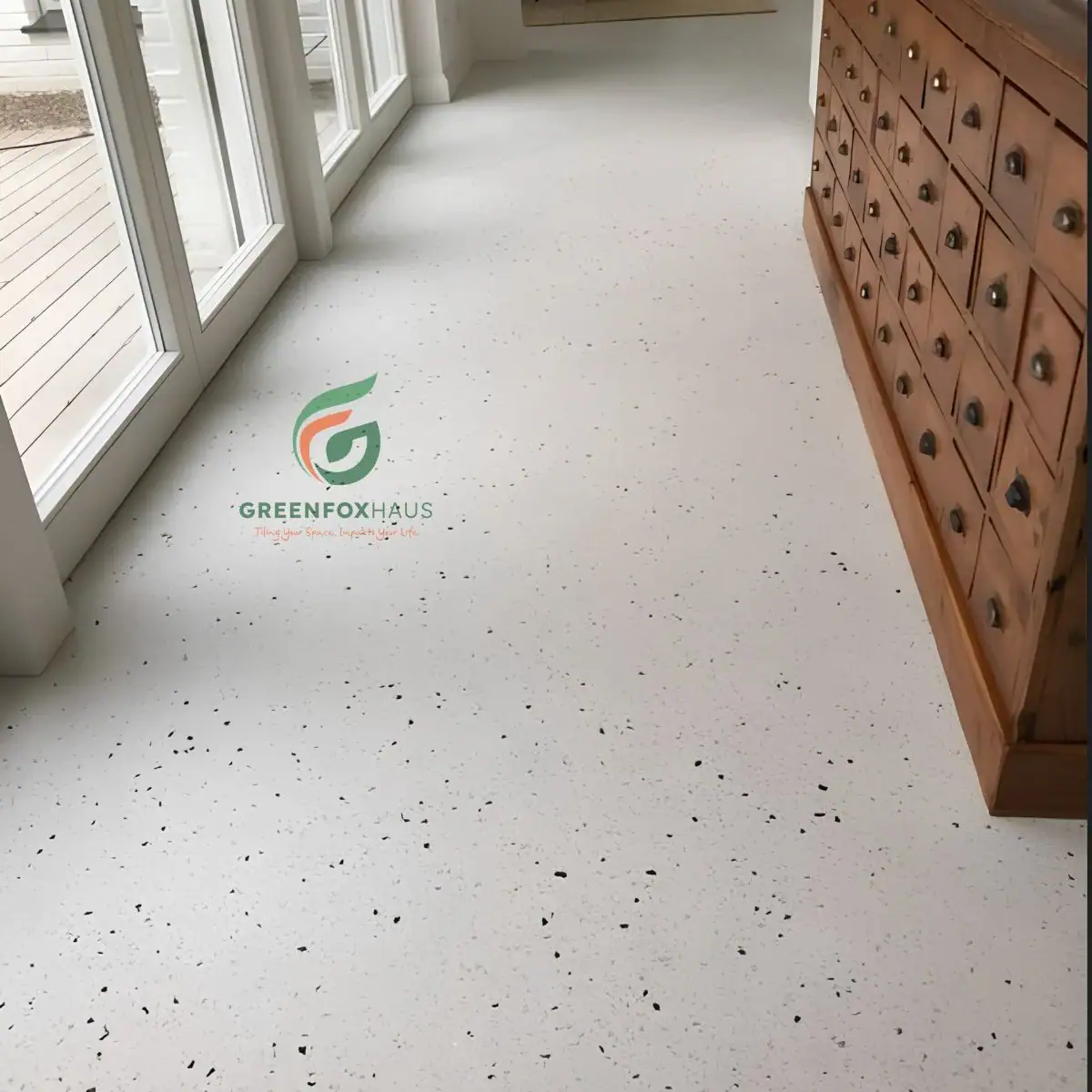 Mẫu gạch terrazzo 600x600 hạt nhỏ tinh tế lát nền sảnh đón khách phối cùng tủ gỗ cổ điển