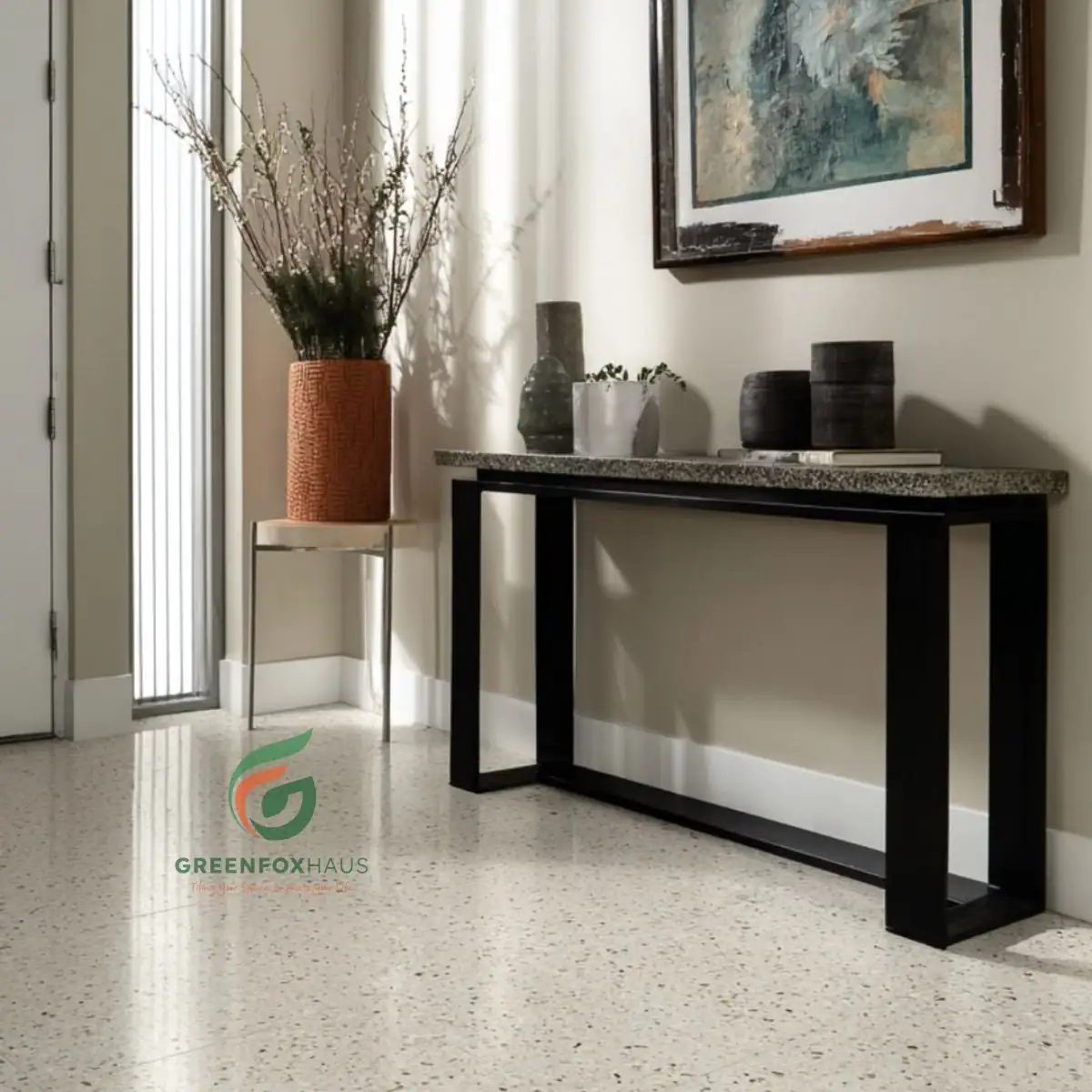 Gạch men terrazzo hạt nhỏ lát nền khu vực sảnh console trang trí nghệ thuật