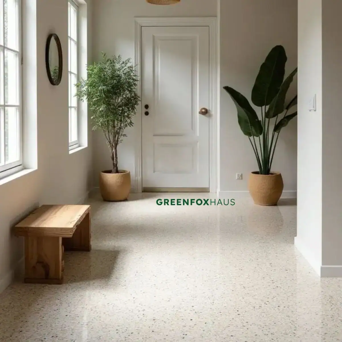 Gạch giả terrazzo tone sáng hạt nhỏ li ti phù hợp không gian lối vào nhà phong cách tối giản