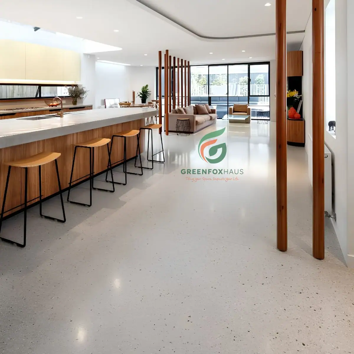 Mẫu gạch terrazzo 600x600 hạt nhuyễn lát nền không gian mở phòng khách thông bếp siêu rộng