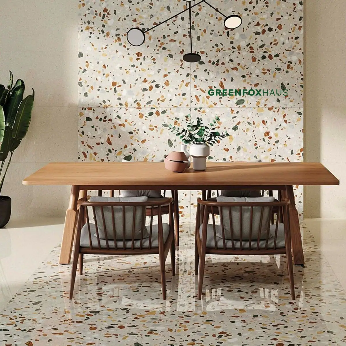 Mẫu gạch terrazzo 600x600 hạt to đa sắc phối mảng tường nhấn và sàn phòng ăn sang trọng