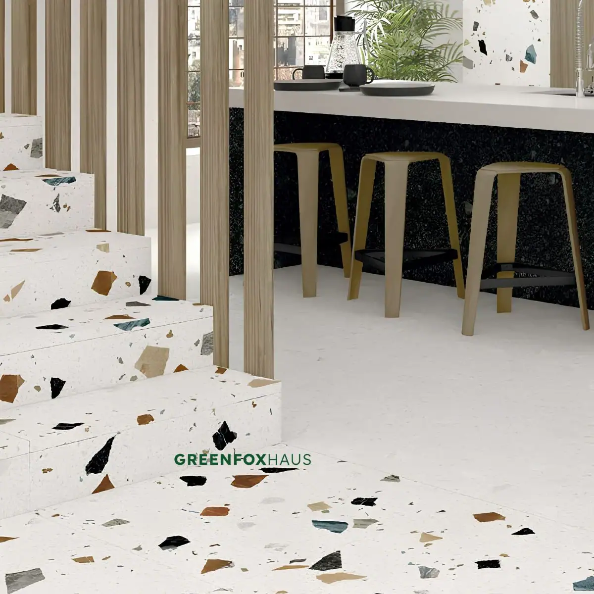Gạch giả terrazzo hạt to ốp lát bậc cầu thang phối màu ron trắng khít liền mạch