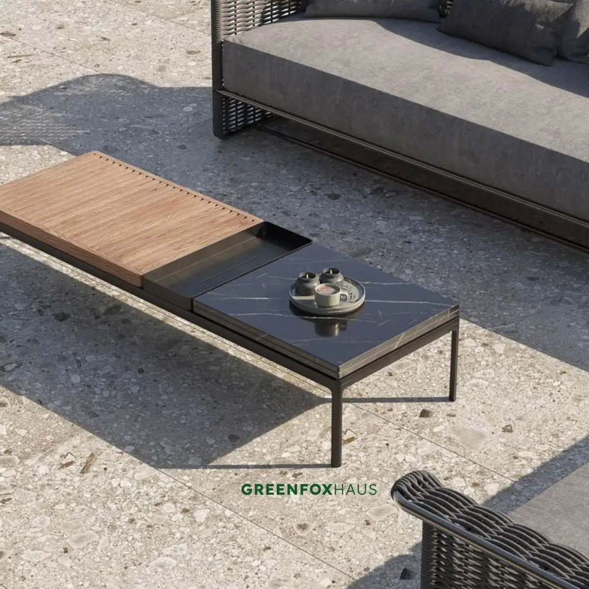 Mẫu gạch terrazzo 600x600 lát sân ngoài trời bề mặt nhám sần phối cùng bàn ghế sofa mây đan cao cấp