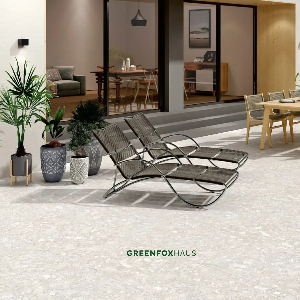 Gạch giả terrazzo tone sáng lát nền hiên nhà ngoại thất có ghế tắm nắng phong cách nghỉ dưỡng