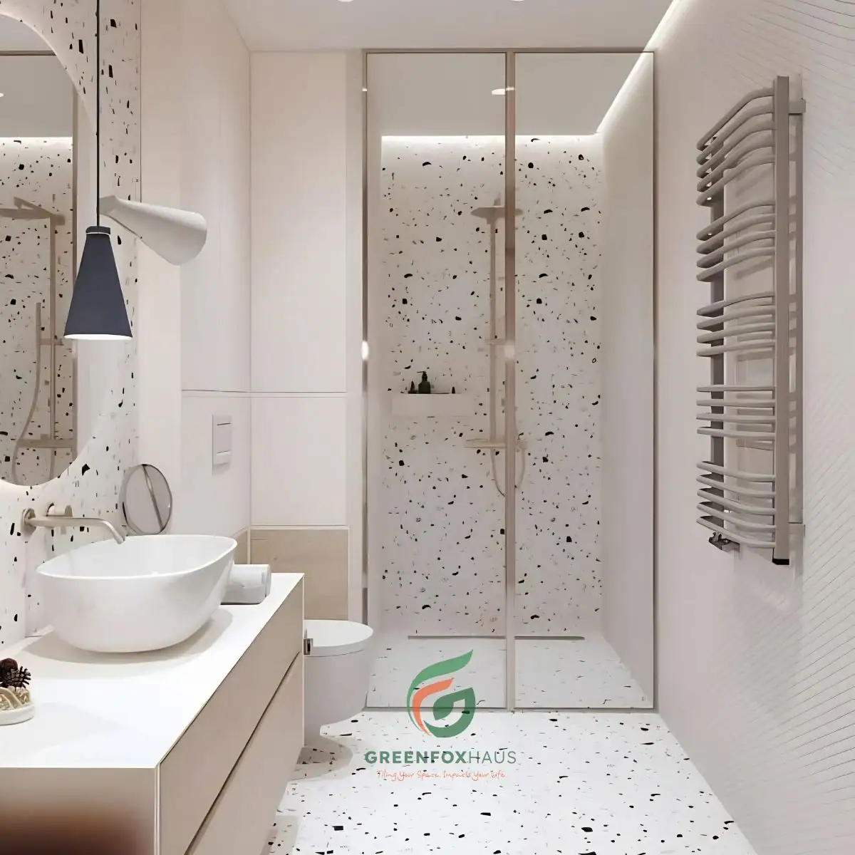 Mẫu gạch terrazzo 600x600 tông trắng hạt đen ốp lát đồng bộ nền và tường nhà tắm hiện đại
