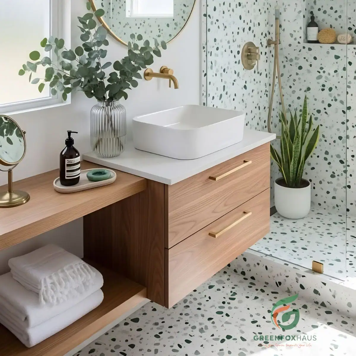 Gạch giả terrazzo hạt đá màu xanh lục bảo ốp lát phòng tắm phong cách Wabi Sabi thanh lịch