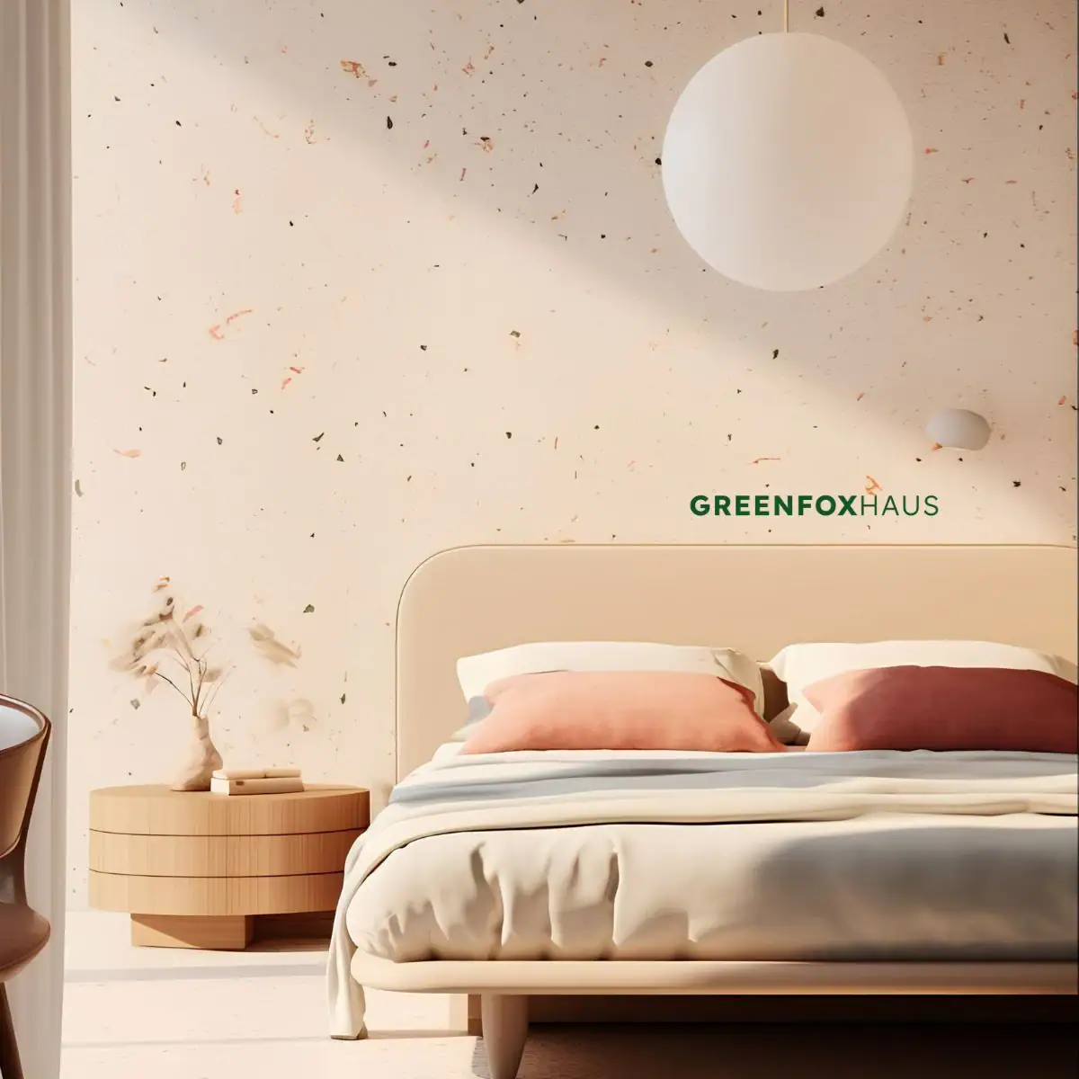 Mẫu gạch terrazzo 600x600 tông cam be ấm áp ốp mảng tường nhấn đầu giường phòng ngủ