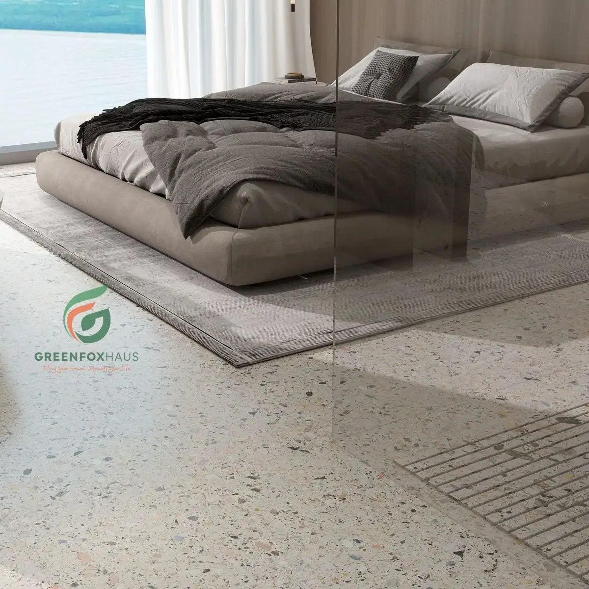 Gạch lát terrazzo nền phòng ngủ màu xám ấm hiện đại kết hợp thảm nỉ trải sàn sang trọng