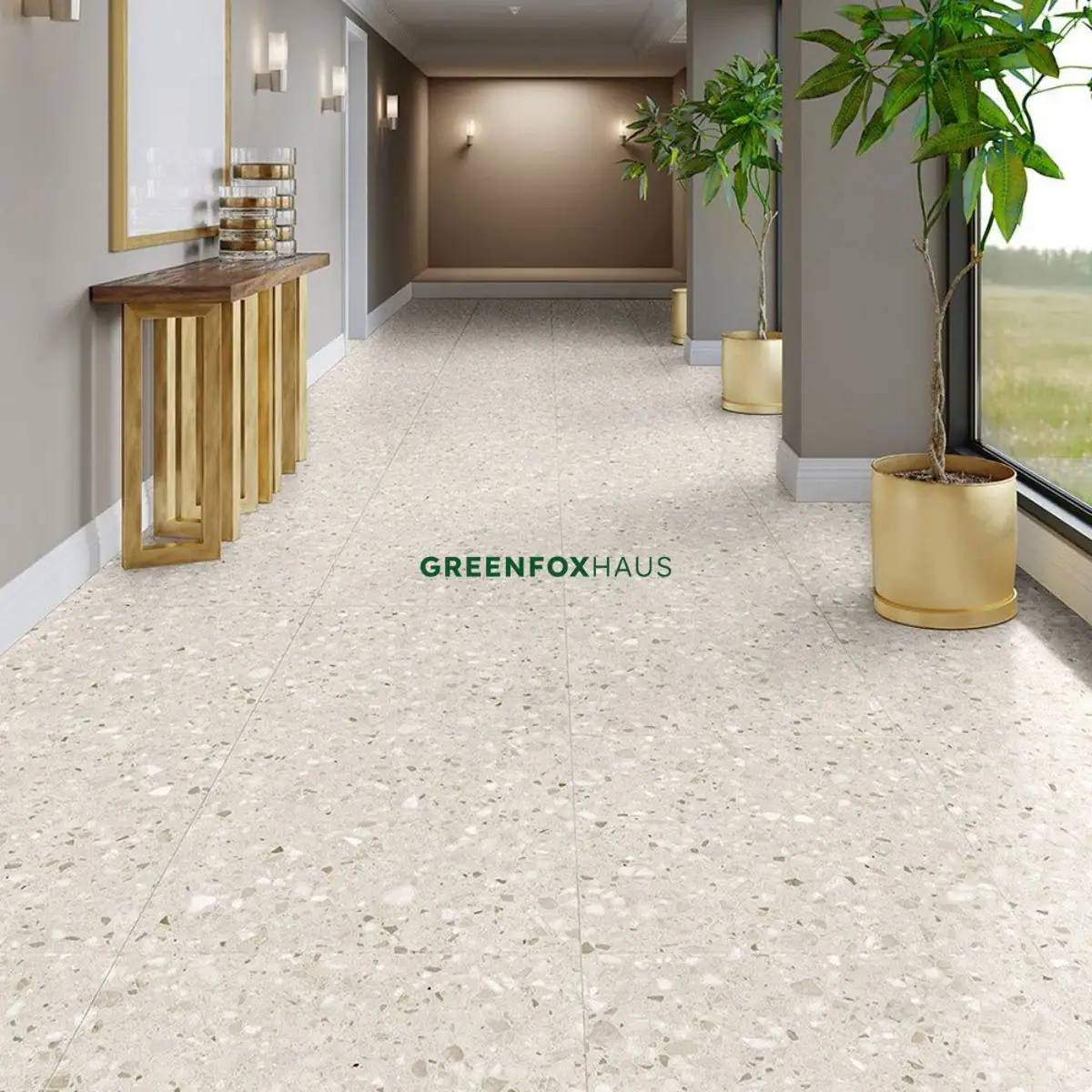 Mẫu gạch terrazzo 600x600 lát nền hành lang hiện đại giúp mở rộng không gian và hạn chế đường ron