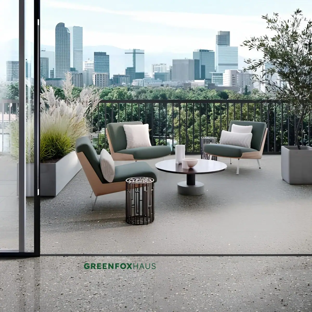 Gạch lát sân thượng chống trơn terrazzo xám nhạt cho không gian lounge ngắm cảnh thành phố