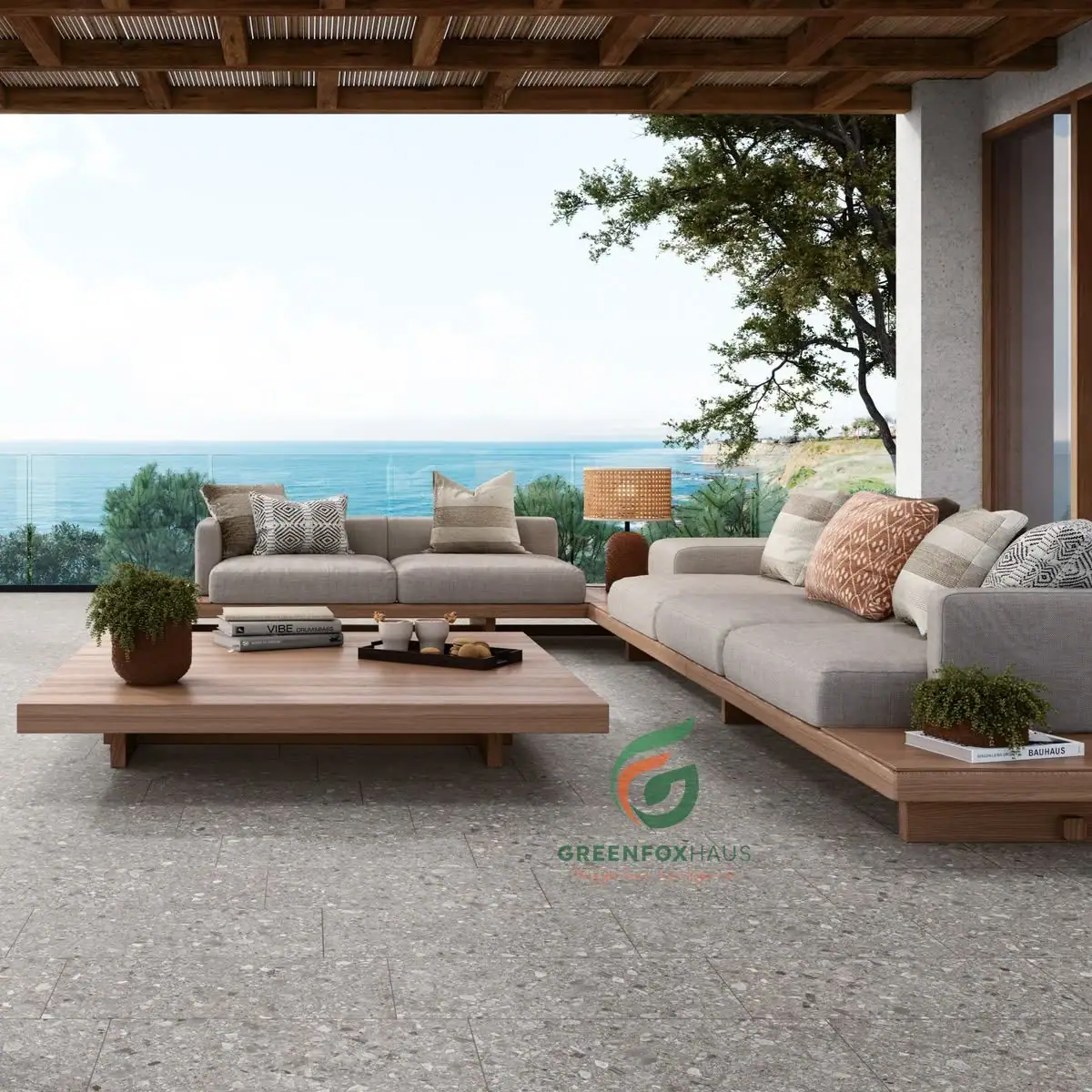 Gạch lát sân đẹp terrazzo phối cùng nội thất sofa gỗ cho sân thượng biệt thự ven biển