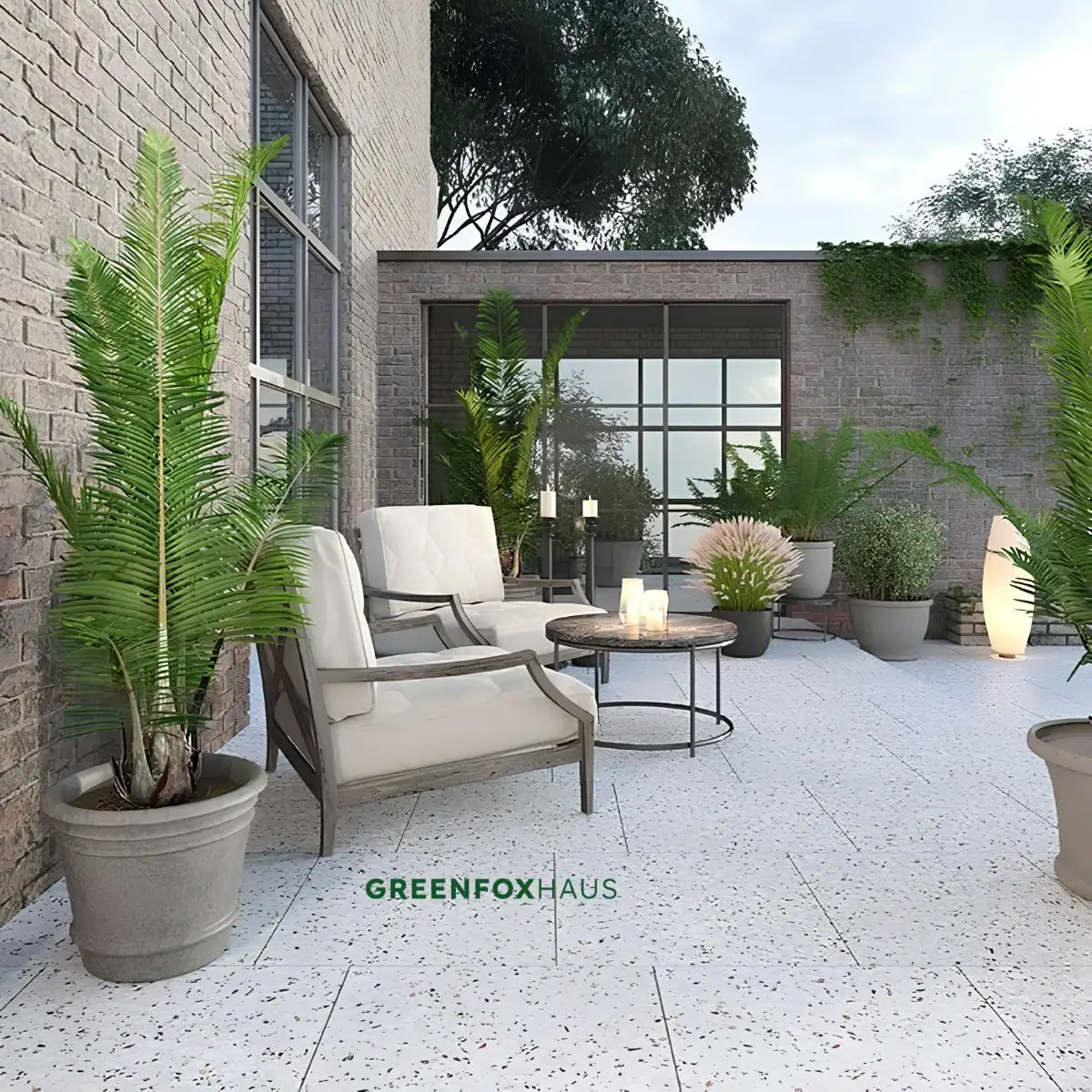 Gạch chống nóng sân thượng terrazzo sáng màu kết hợp tiểu cảnh chậu cây mộc mạc