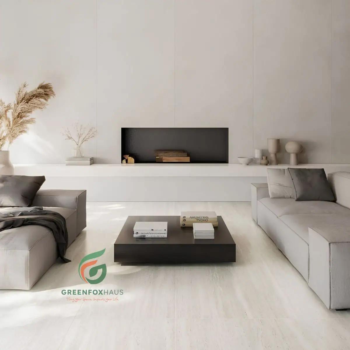 Mẫu gạch travertine khổ lớn màu sáng lát nền phòng khách hiện đại, giúp không gian rộng mở và liền mạch.