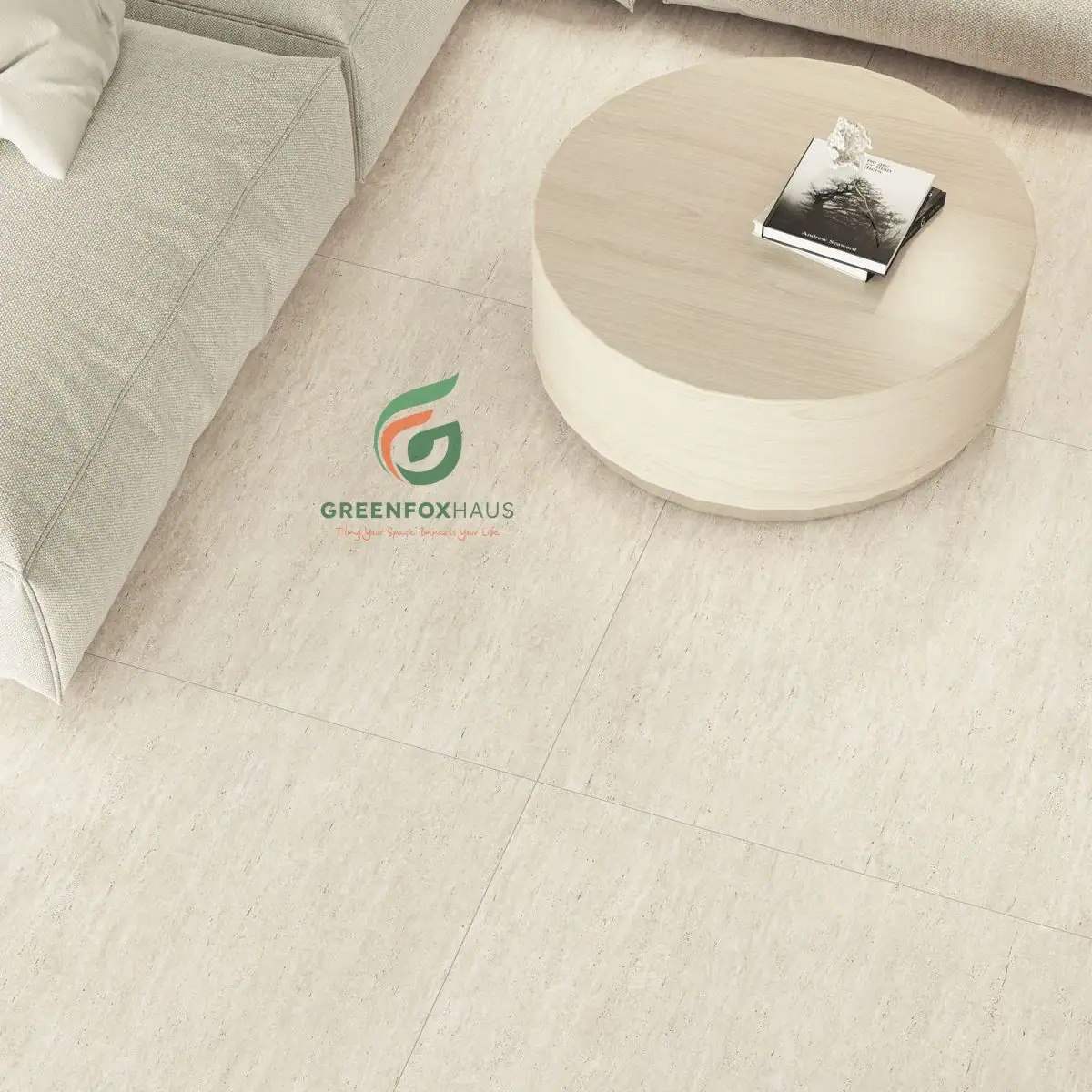 Cận cảnh chi tiết đường vân gạch giả đá travertine nhân tạo lát nền phòng khách sang trọng.