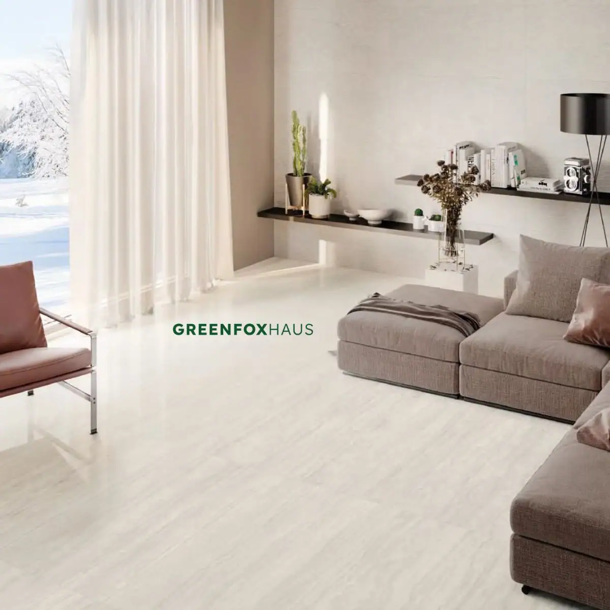 Ứng dụng gạch giả đá travertine khổ lớn cho không gian phòng khách ngập tràn ánh sáng tự nhiên.