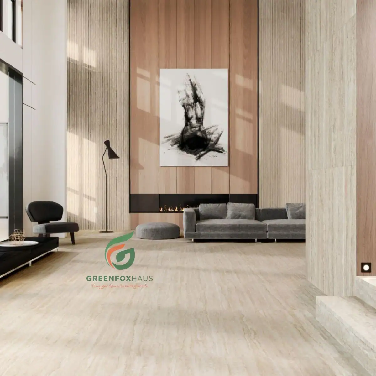 Mẫu gạch travertine tông màu be ấm áp lát nền phòng khách đẳng cấp mang thương hiệu GREENFOX.