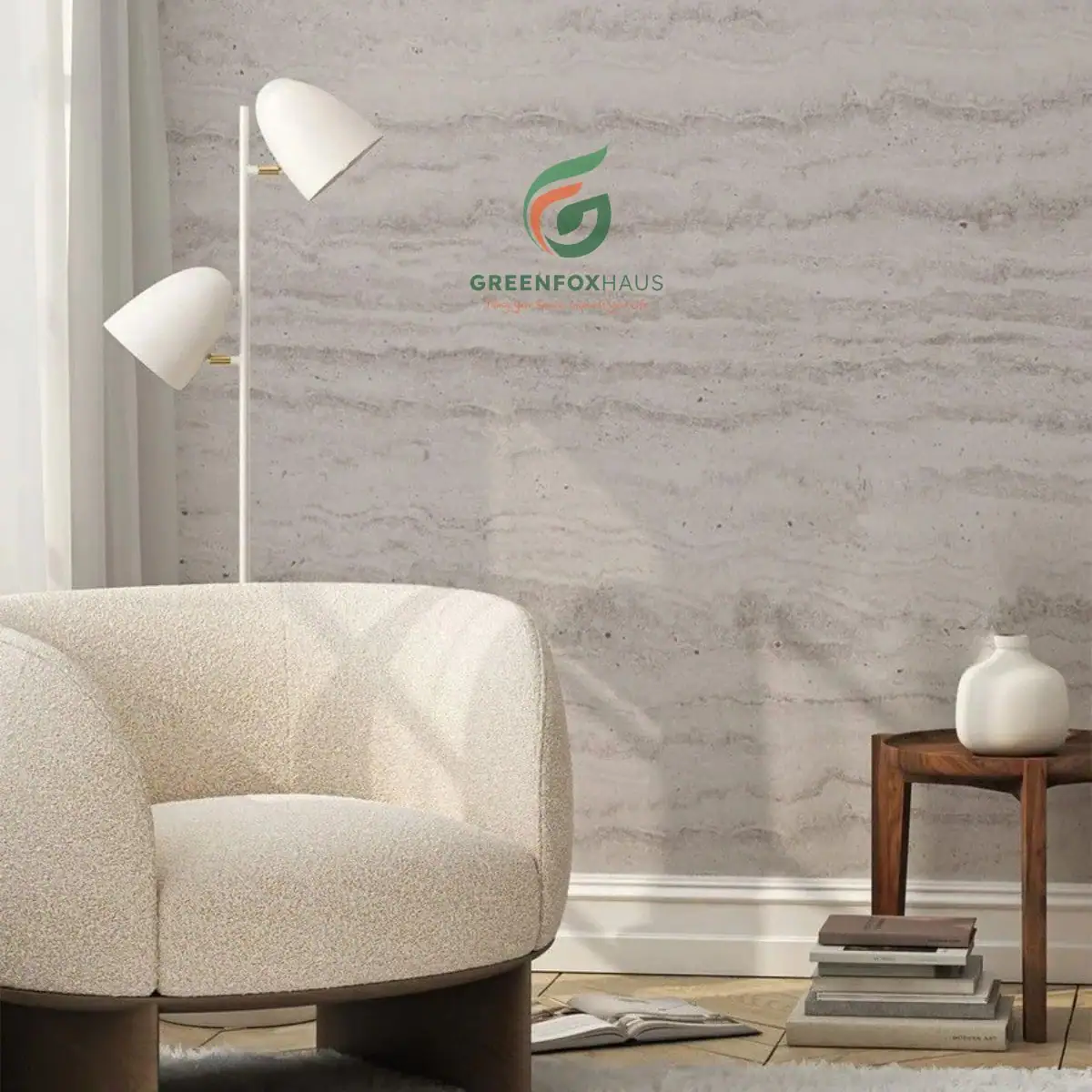 Gạch giả đá travertine màu xám ốp tường trang trí mang lại chiều sâu cho không gian hiện đại.