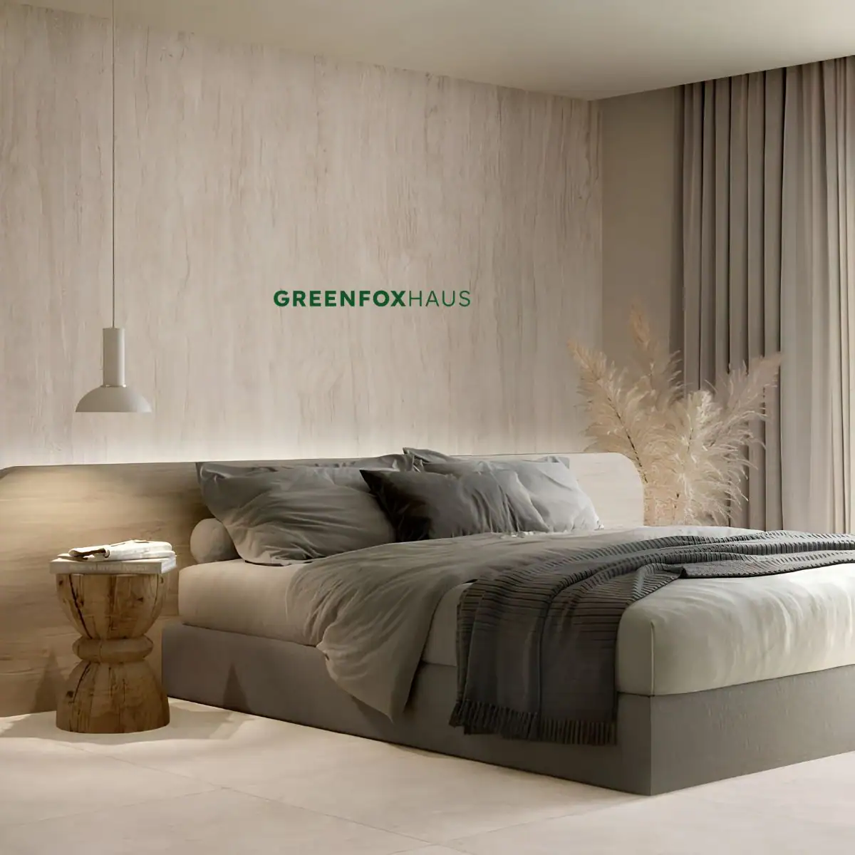 Gạch travertine vân cắt dọc ốp tường phòng ngủ giúp tạo hiệu ứng thị giác trần nhà cao thoáng.