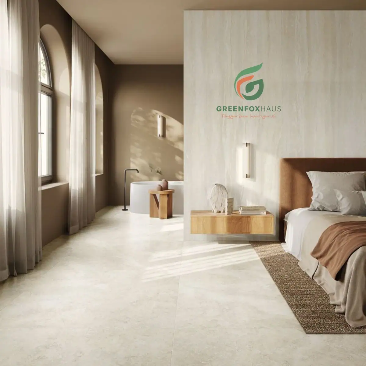 Ốp tường vách ngăn bằng tấm gạch giả đá travertine khổ lớn sang trọng thương hiệu GREENFOX.