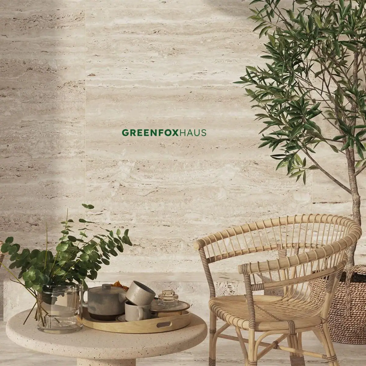 Mảng tường ốp gạch travertine vân đá tự nhiên kết hợp góc thư giãn phong cách mộc mạc.