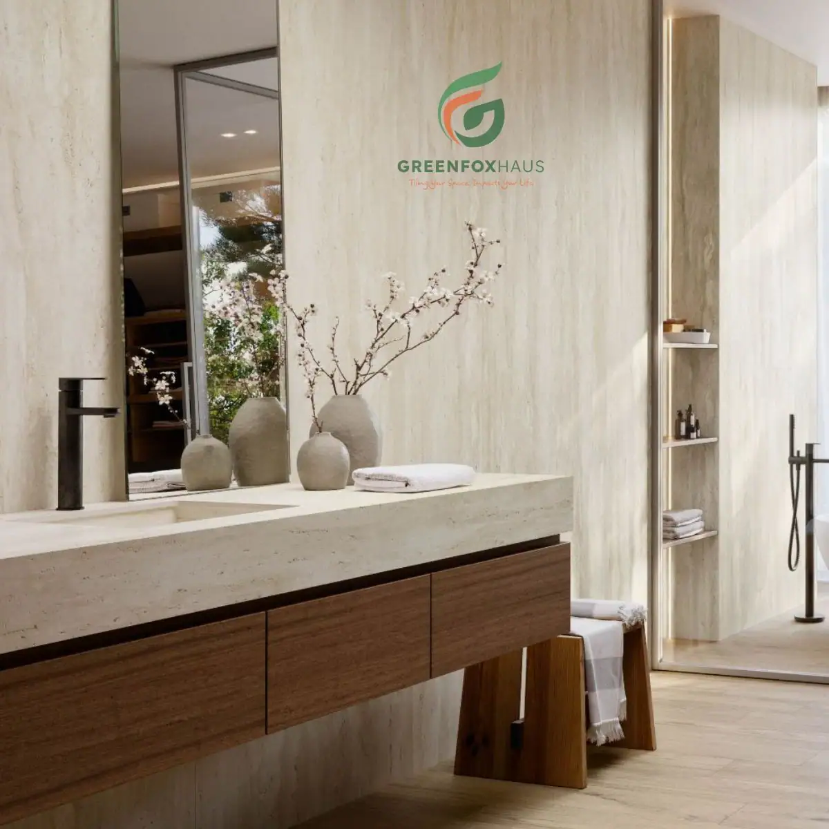 Mẫu gạch travertine màu be nhạt ốp tường và làm bàn đá bồn rửa mặt cho phòng tắm nhỏ ngập tràn ánh sáng.