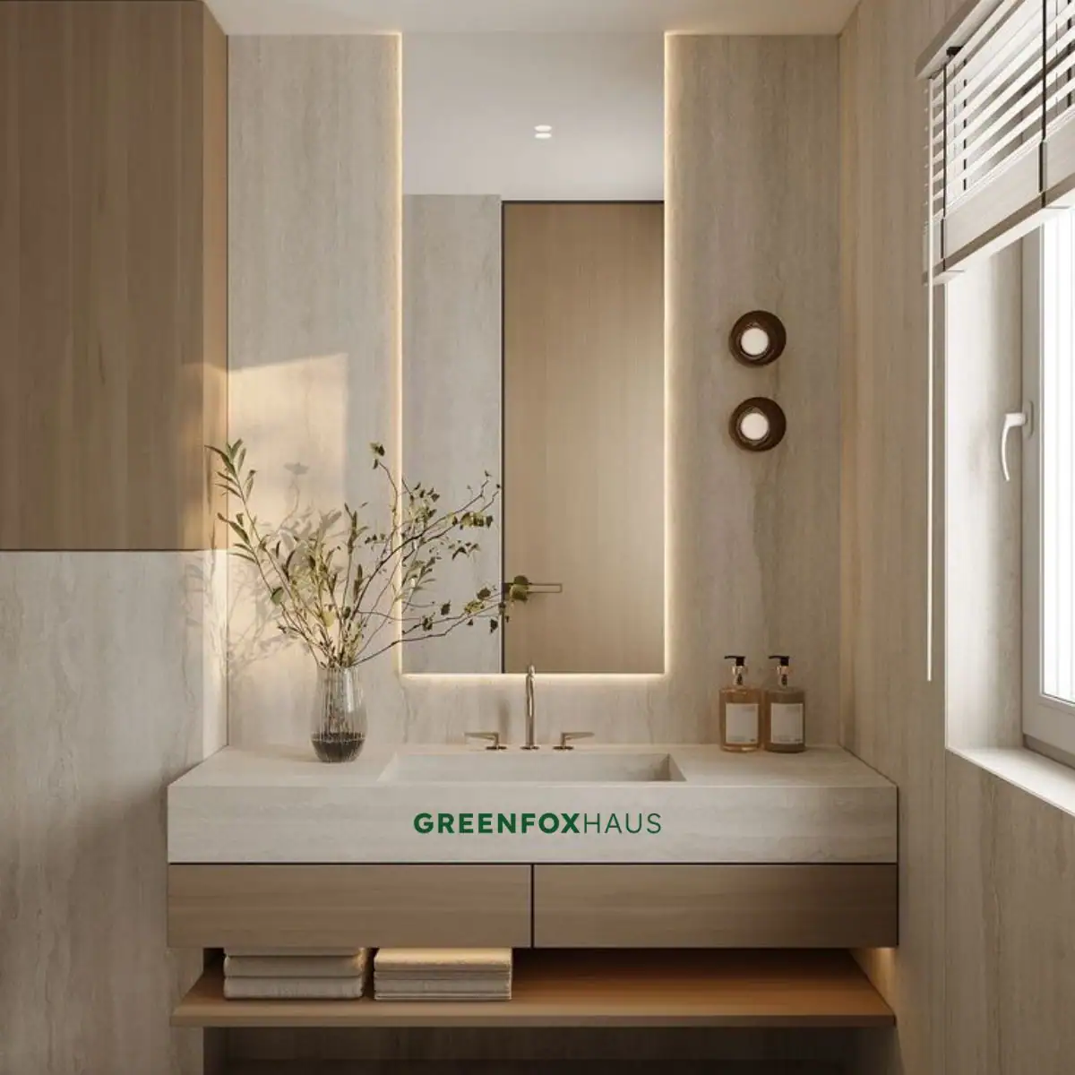 Gạch vân đá travertine ốp tường phòng tắm nhỏ kết hợp gương trang điểm tích hợp đèn LED hắt sáng ấm áp.