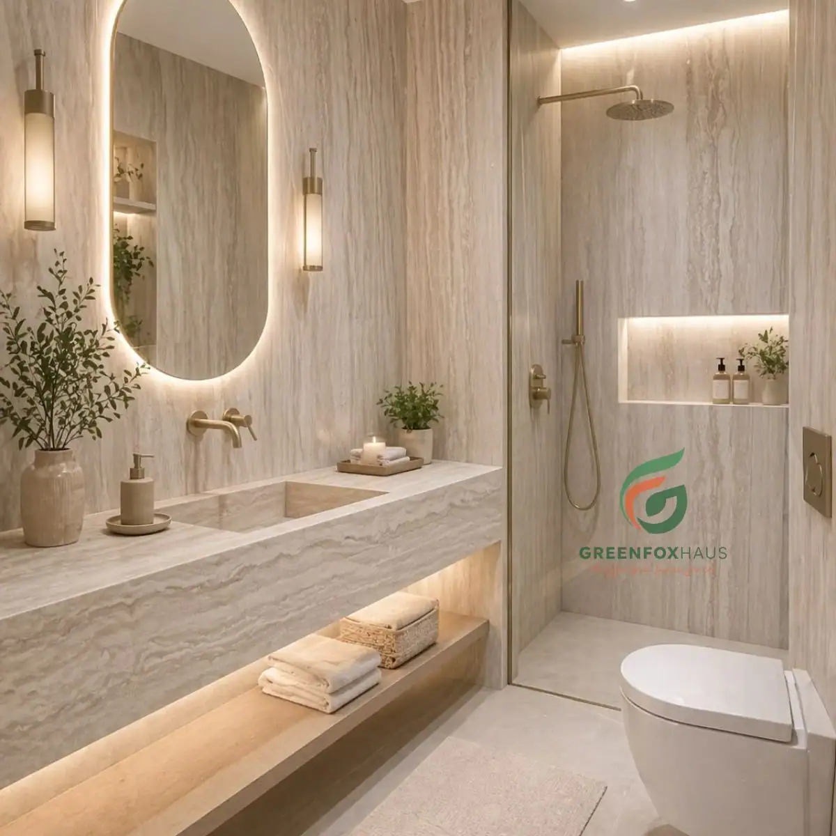 Không gian phòng tắm ốp gạch giả đá travertine nhân tạo có khả năng chống thấm nước cao cho khu vực vòi sen đứng.