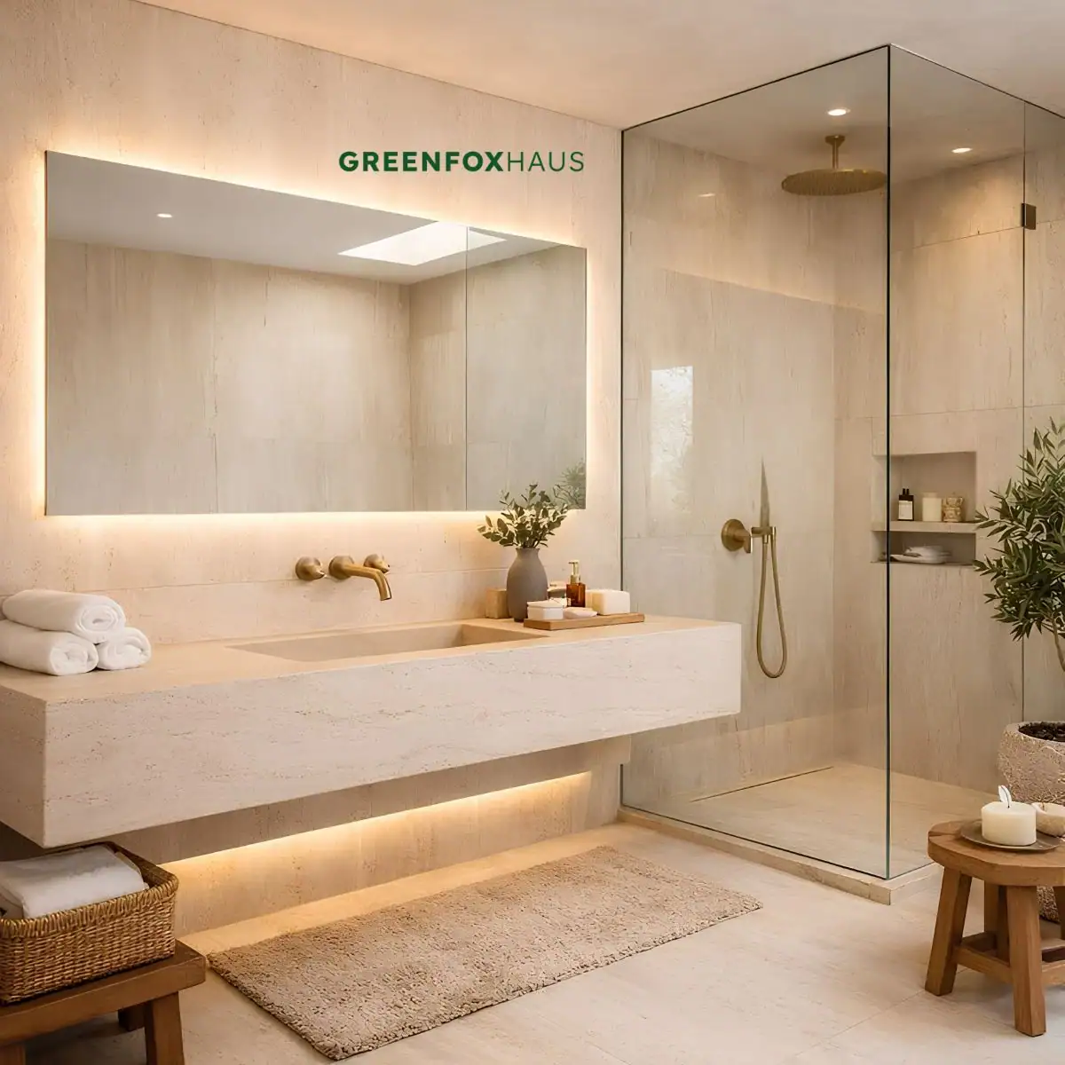 Ứng dụng đồng bộ mẫu gạch travertine lát nền và ốp tường cho phòng tắm kính hiện đại mang phong cách nghỉ dưỡng.