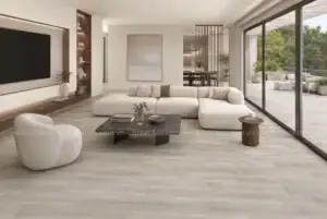 Gạch vân gỗ màu xám ghi sáng 150x900mm lát nền phòng khách hiện đại, chống thấm, chống cong vênh và dễ vệ sinh.