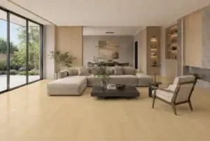 Gạch porcelain giả gỗ màu vàng nhạt 150x900mm lát nền phòng khách hiện đại, chống trầy xước và bền đẹp theo thời gian.