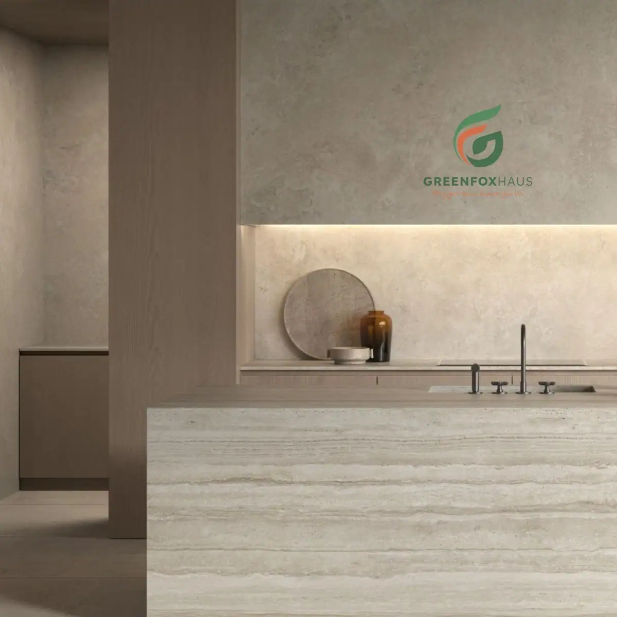 Mẫu gạch travertine ốp bàn đảo bếp và tường mang phong cách tối giản sang trọng.