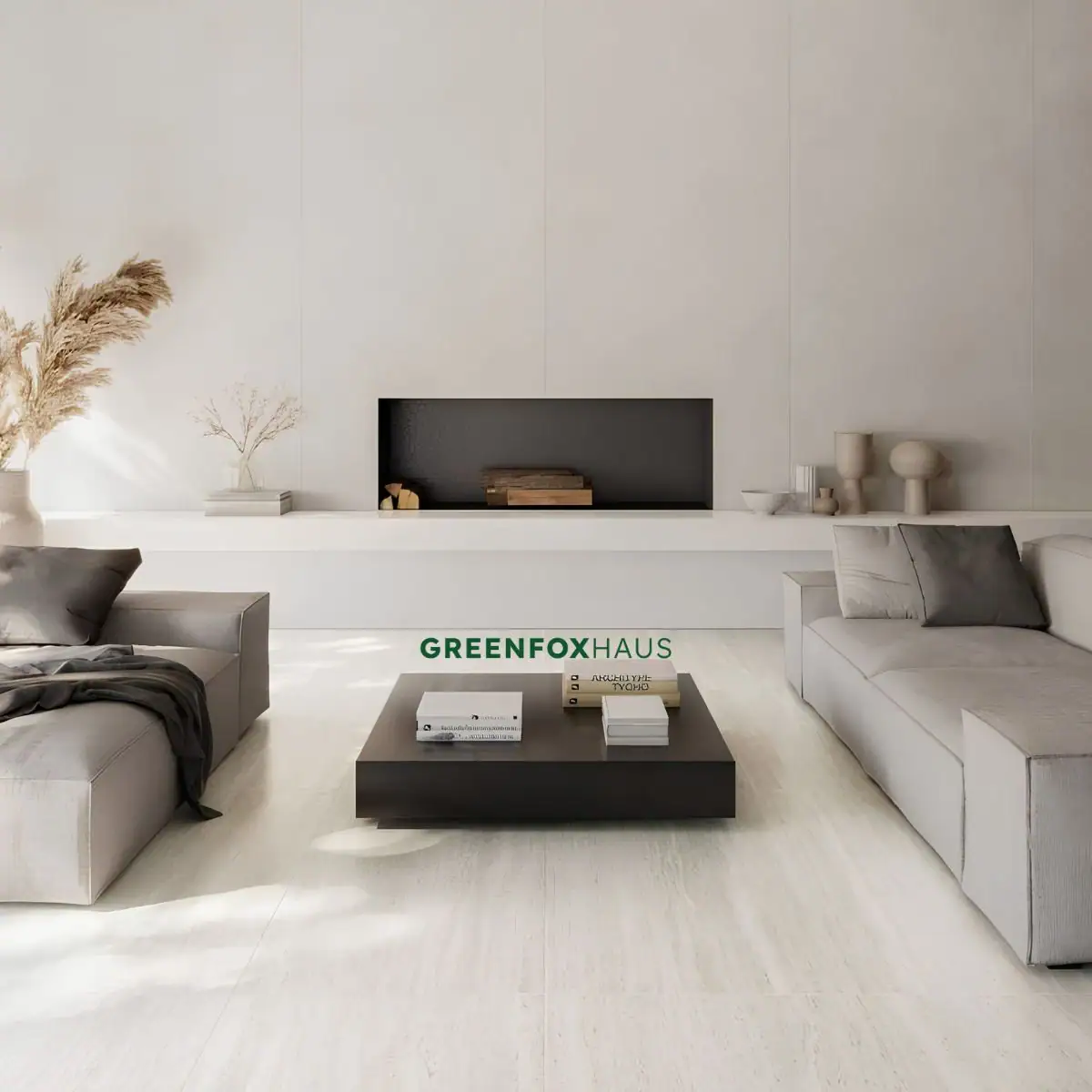 Gạch vân đá travertine tone xám sáng lát nền phòng khách phong cách Minimalism.