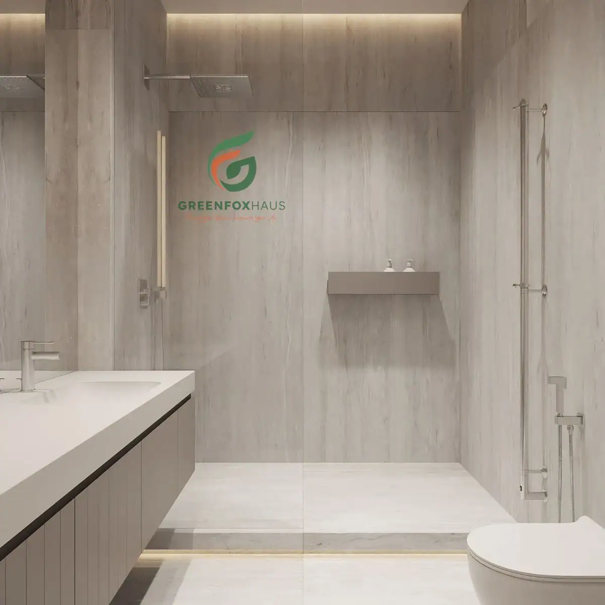 Không gian phòng tắm tối giản ốp gạch giả đá travertine màu xám khói thanh lịch.