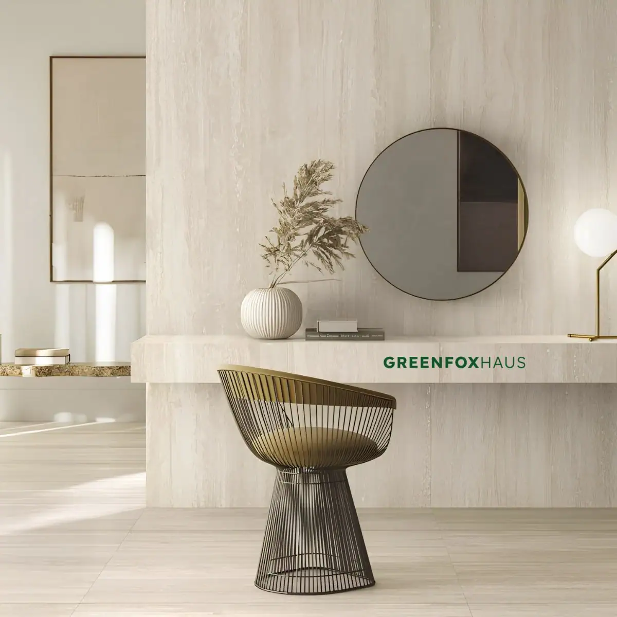 Mẫu gạch travertine màu sáng ốp tường và lát nền cho góc trang điểm mang đậm phong cách Wabi-sabi mộc mạc.
