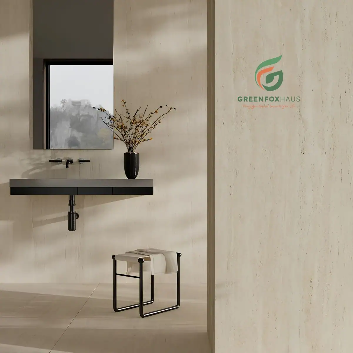 Gạch vân đá travertine bề mặt mờ ốp tường khu vực bồn rửa tay tĩnh tại, mộc mạc.
