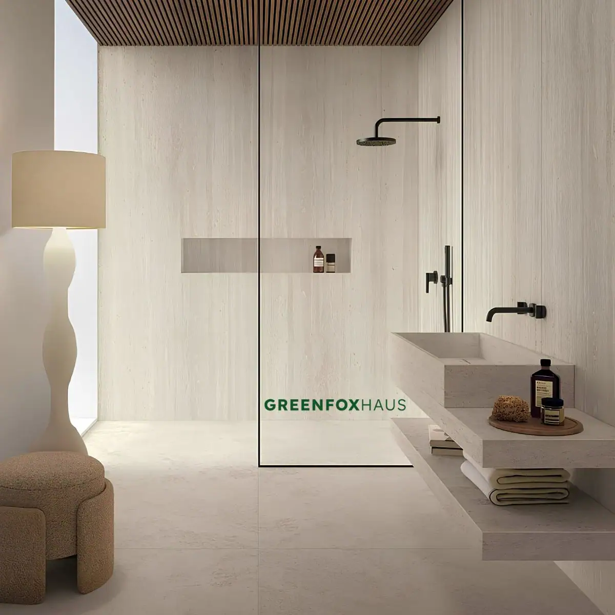 Ứng dụng gạch giả đá travertine lát nền và ốp tường phòng tắm kết hợp trần gỗ thô mộc phong cách Wabi-sabi.