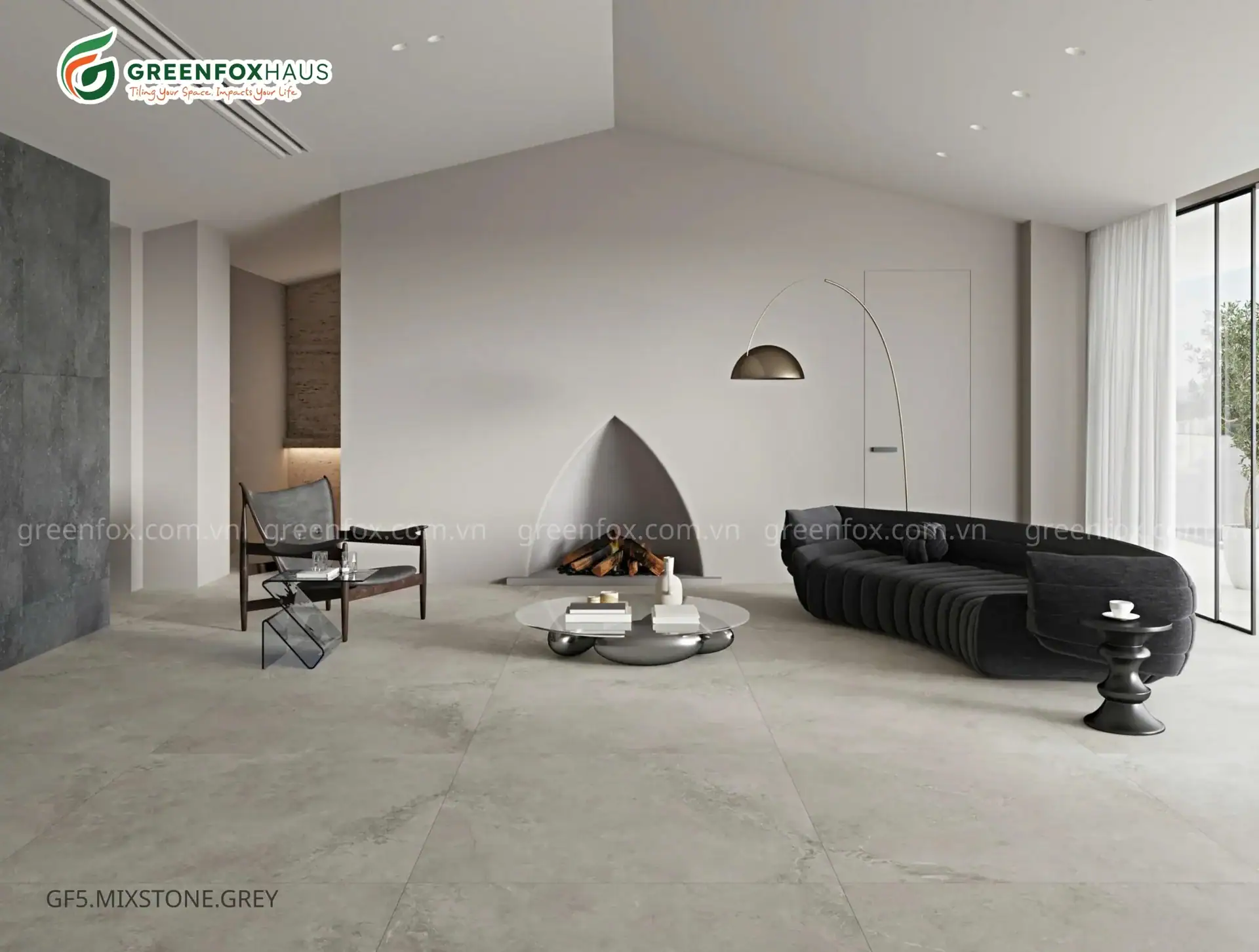 Gạch ốp lát Big Slab Matt GF5.MIXSTONE.GREY 1200x1200mm vân đá màu xám ứng dụng trong phòng khách hiện đại, bề mặt mờ chống chói tạo không gian sang trọng và tinh tế.