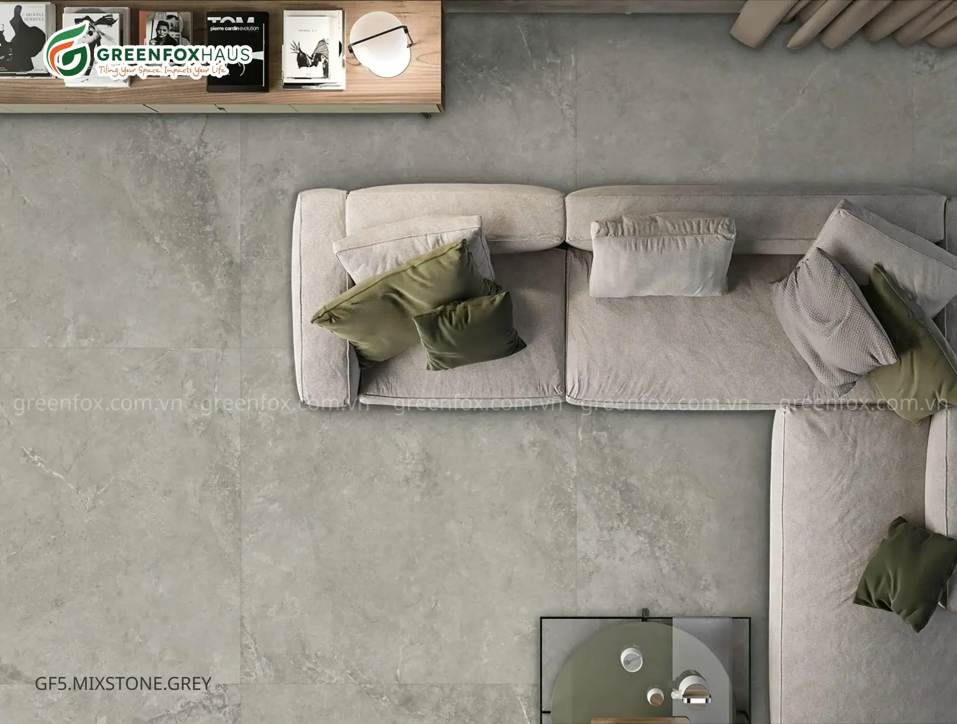 Gạch porcelain Big Slab Matt GF5.MIXSTONE.GREY 1200x1200mm vân stone màu xám lát nền phòng khách, họa tiết đá tự nhiên nhẹ nhàng và hiện đại.