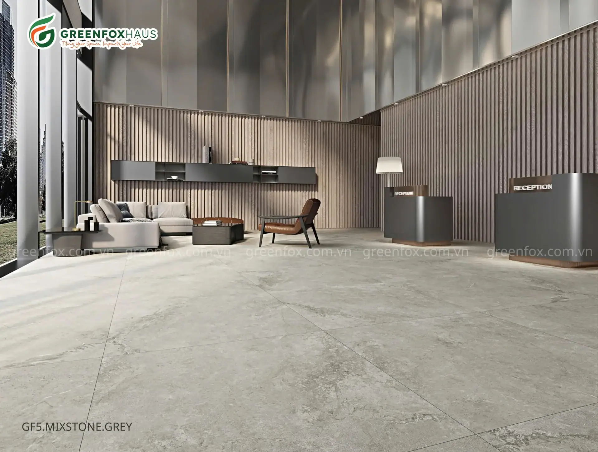 Gạch lát nền Big Slab GF5.MIXSTONE.GREY 1200x1200mm màu xám vân đá ứng dụng trong sảnh lễ tân, tạo hiệu ứng không gian sang trọng và chuyên nghiệp.