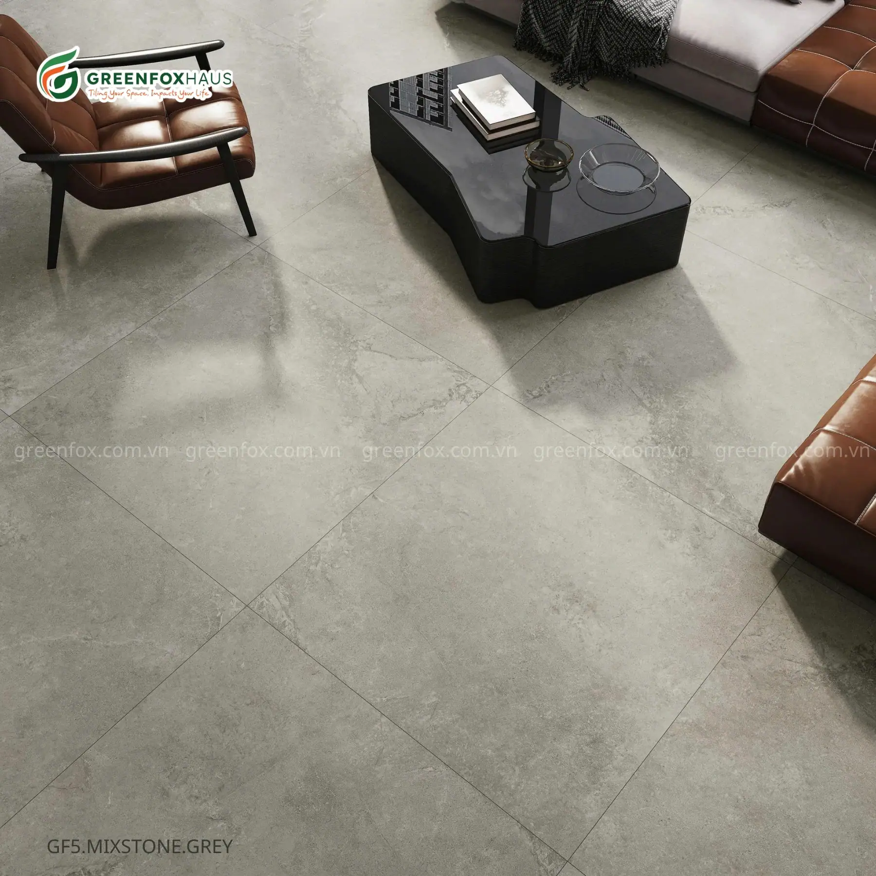 Cận cảnh bề mặt gạch Big Slab Matt GF5.MIXSTONE.GREY 1200x1200mm với vân đá tự nhiên màu xám, bề mặt mờ tinh tế và chân thực.