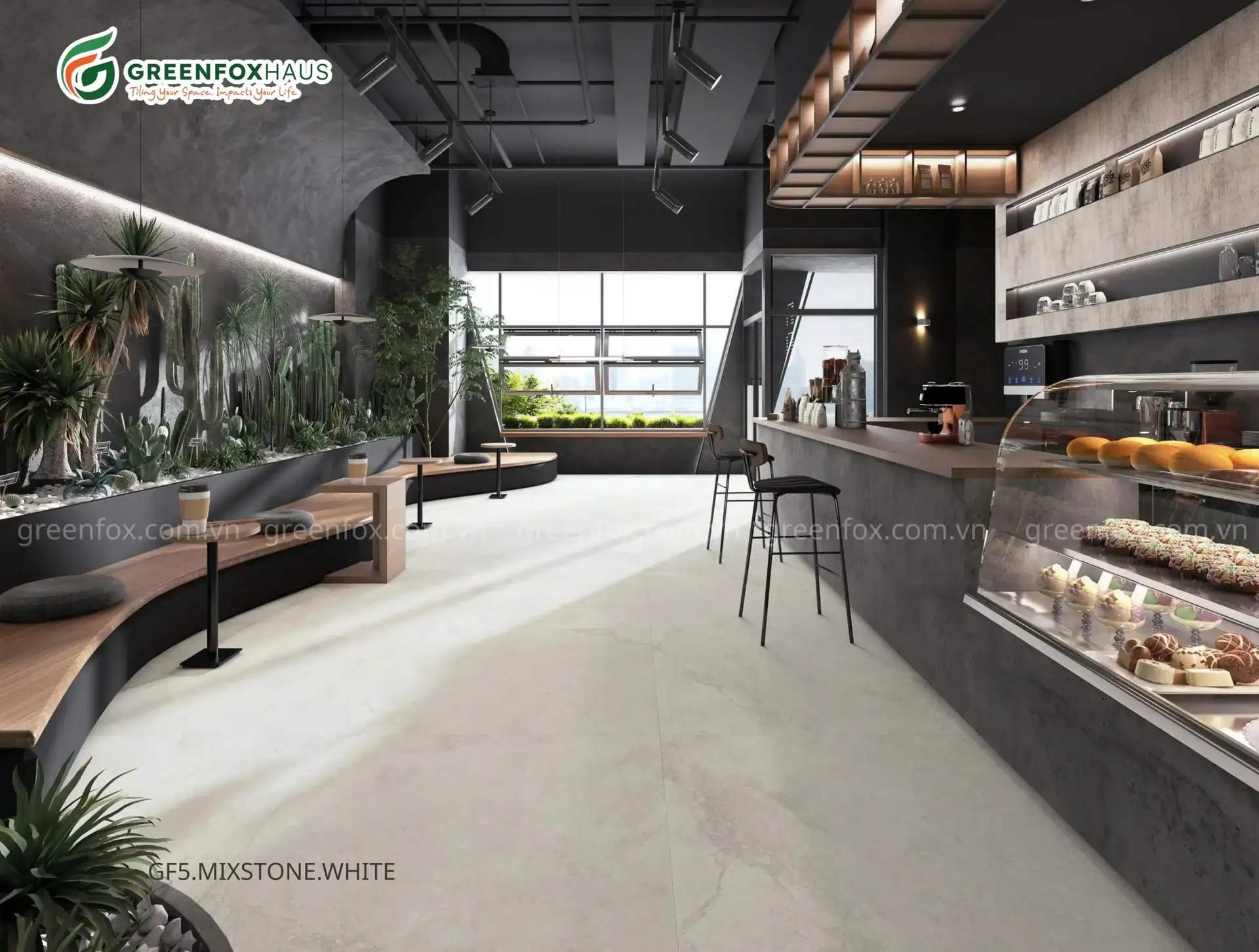 Gạch porcelain Big Slab GF5.MIXSTONE.WHITE 1200x1200mm lát nền quán cà phê hiện đại, vân đá trắng tự nhiên tạo hiệu ứng rộng rãi và sáng thoáng.