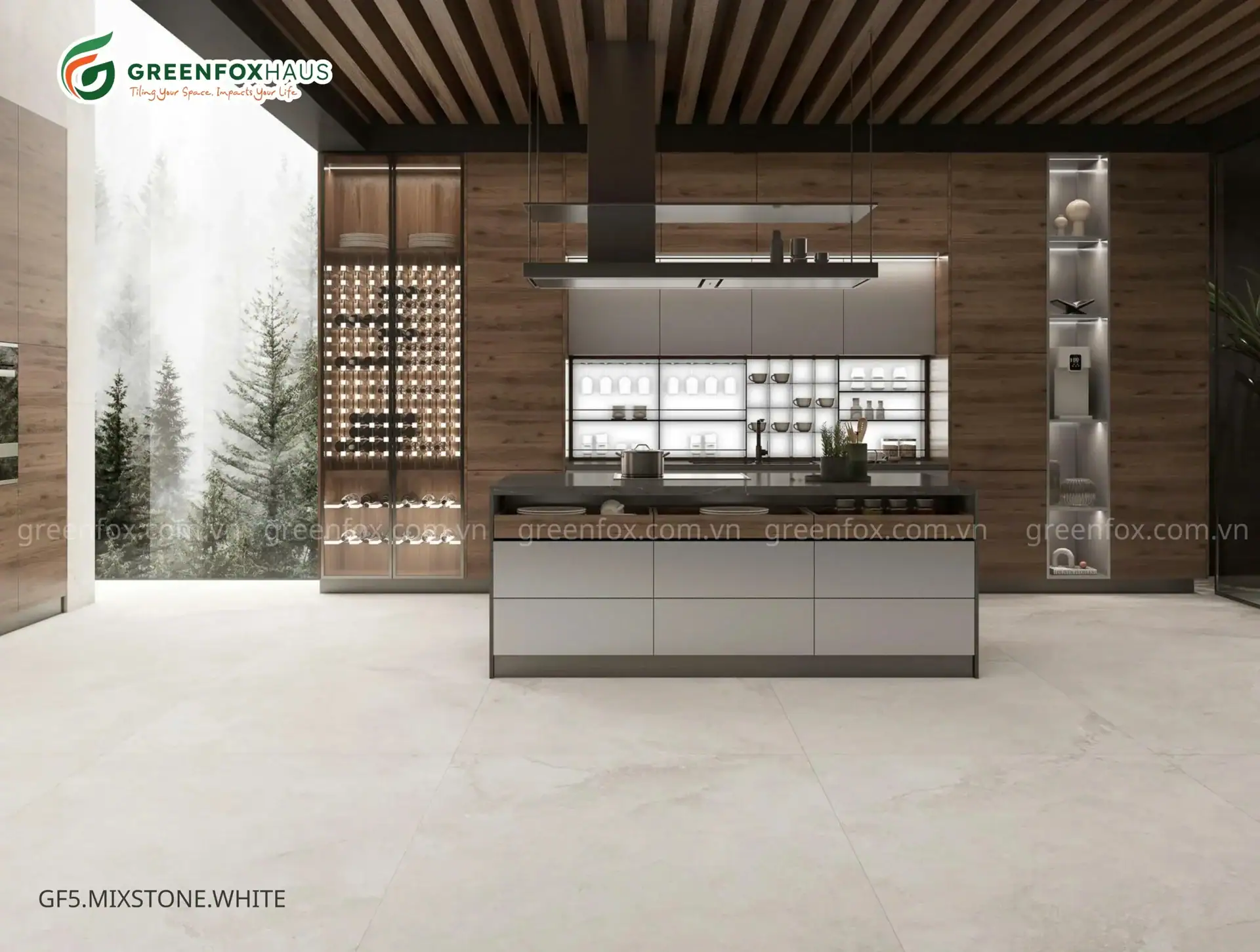 Gạch ốp lát Big Slab Matt GF5.MIXSTONE.WHITE 1200x1200mm vân đá màu trắng ứng dụng trong không gian bếp hiện đại, bề mặt mờ sang trọng và tinh tế.