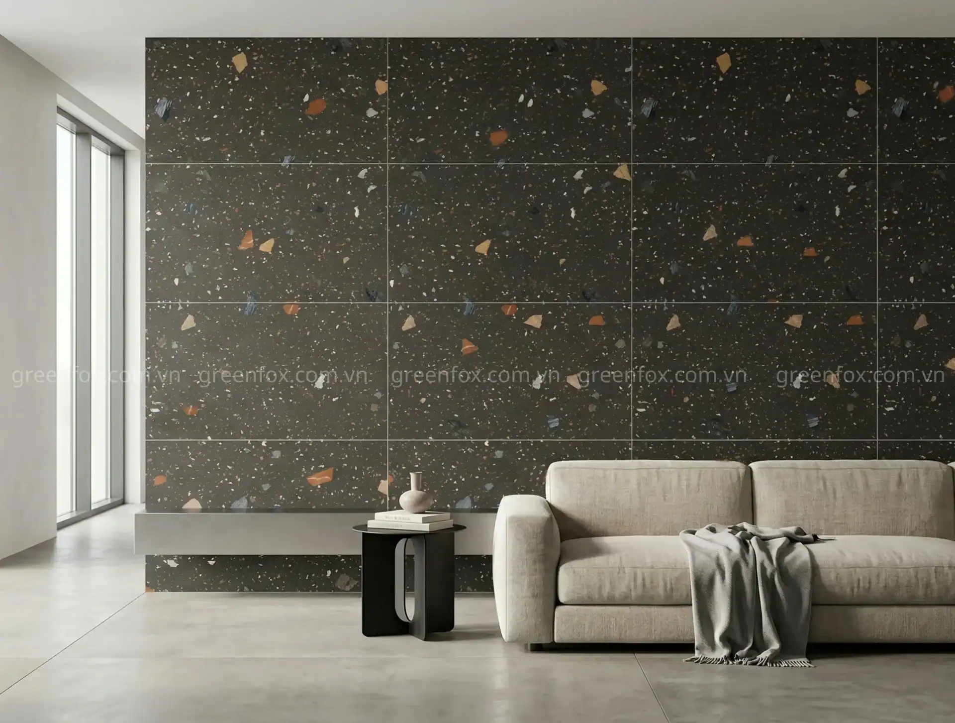 GẠCH ỐP LÁT PORCELAIN VÂN TERRAZZO MÀU ĐEN GF84.61201 (600X1200MM)